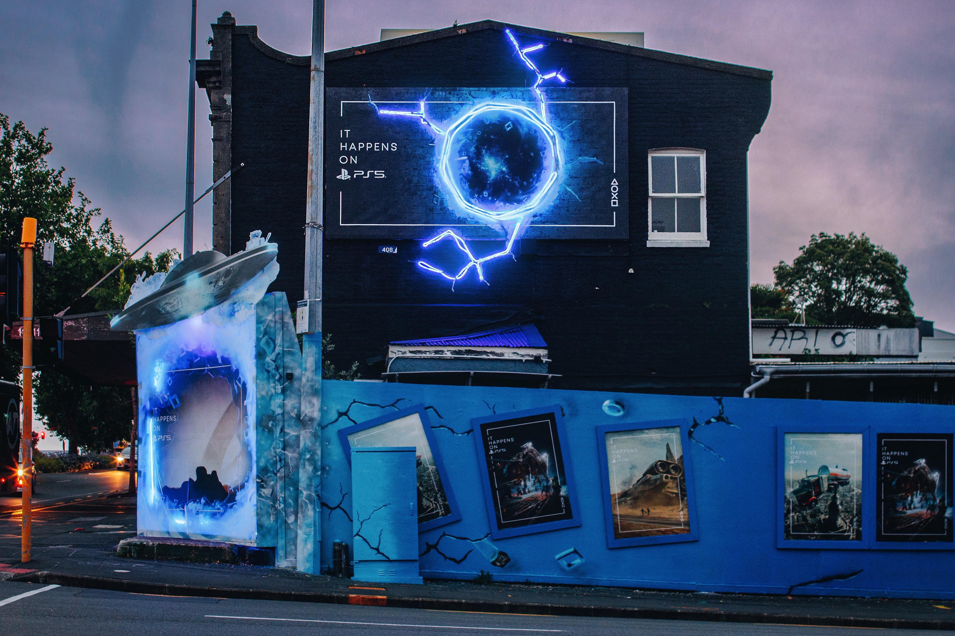 PlayStation It Happens On PS5 display — view from Alex Evans St, Auckland